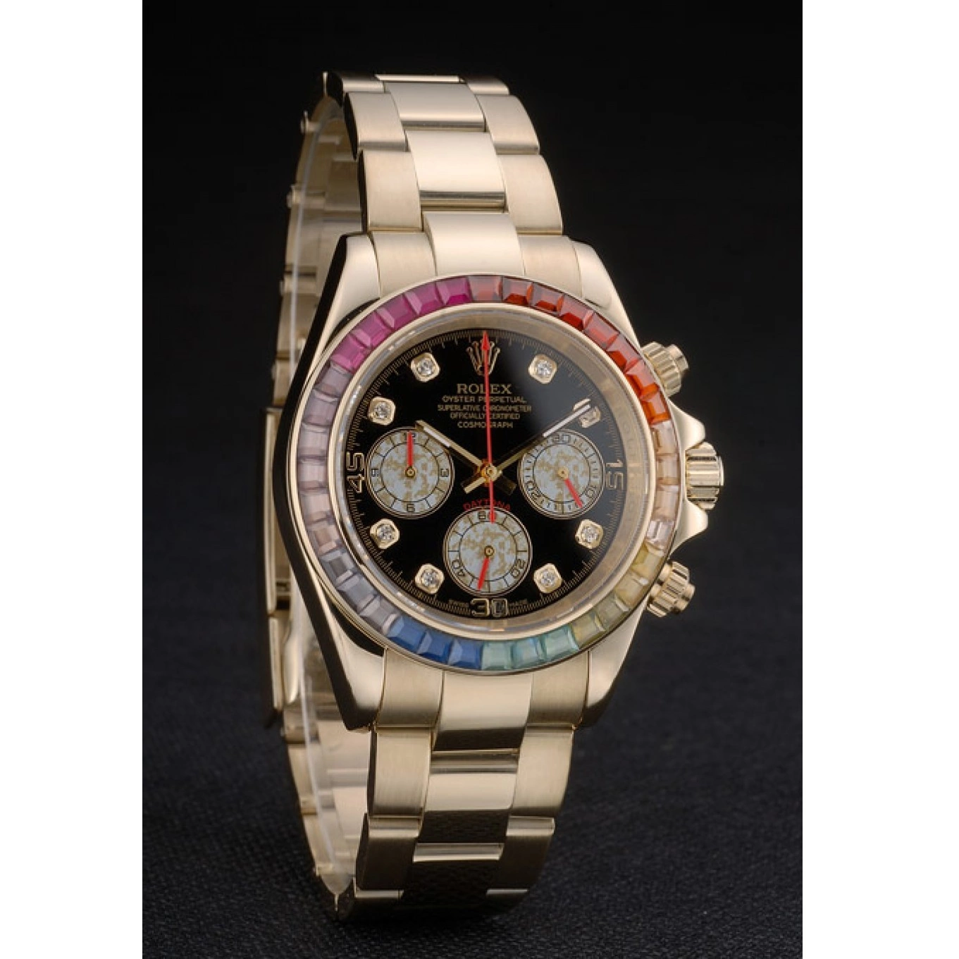 MiroTime 0719 Rolex Daytona Cosmograph Rainbow Crystals Bezel Rose Gold Strap Black Dial 80251